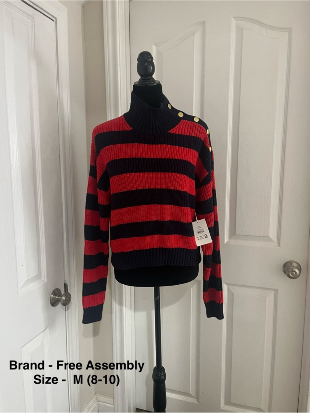 Free Assembly Red & Black Striped Button-Shoulder Turtleneck Sweater
